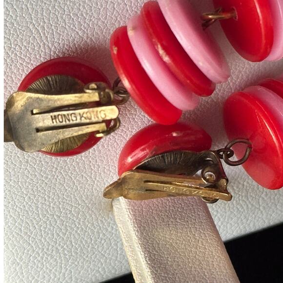 VTG Signed Hong Kong Pink Beaded Statement Necklace Clip On Earring Matching Set - Picture 6 of 7